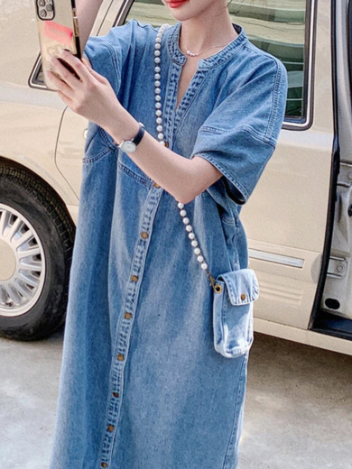 Cotton-Blend Button-Front Midi Dress