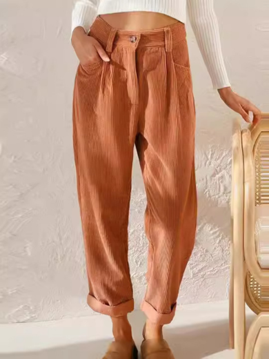 Orange Comfortable Corduroy High-Waist Pants