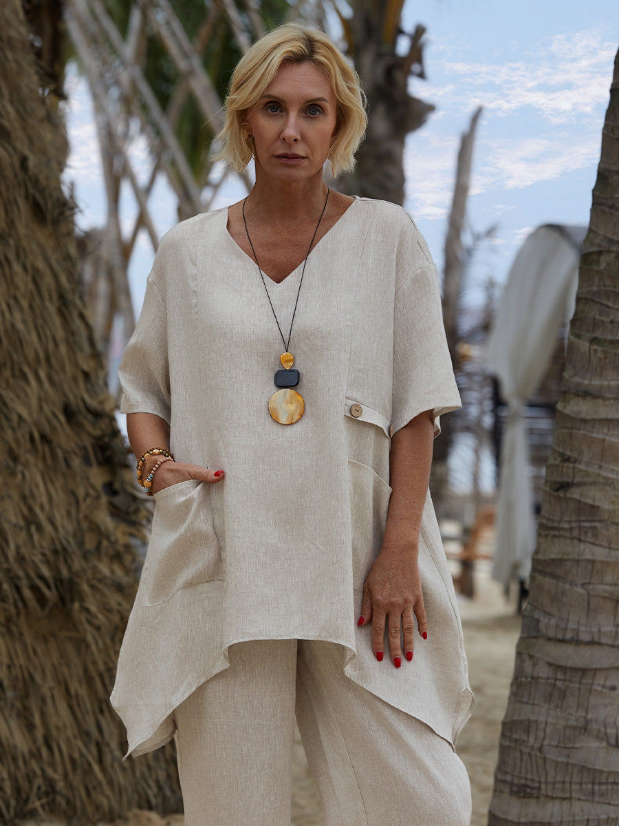 Mira | 100% linen v-neck tunic with side detail