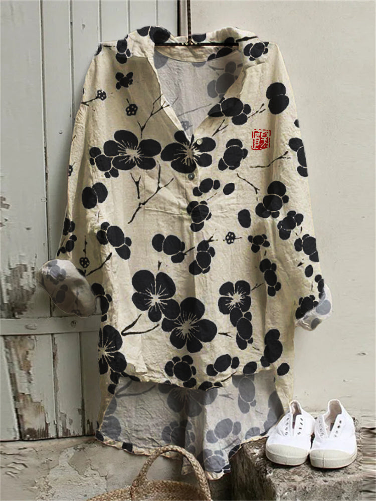 Lynn | Cherry Blossom Japanese Lino Art Woven Tunic