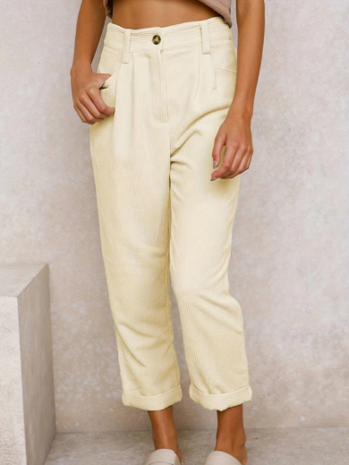 Cream Comfortable Corduroy High-Waist Pants