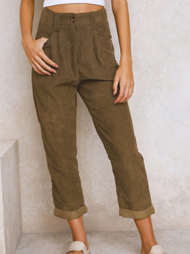 Brown Comfortable Corduroy High-Waist Pants