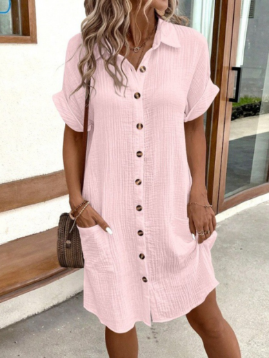 Lightweight Crinkle Button-Front Shirt Dress