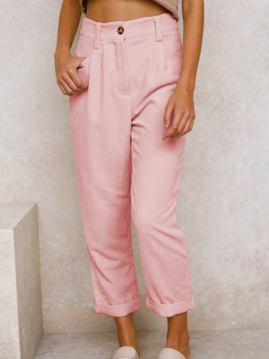 Pink Comfortable Corduroy High-Waist Pants