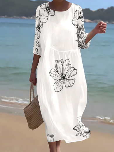 Luna | White Floral Line Art Midi Dress
