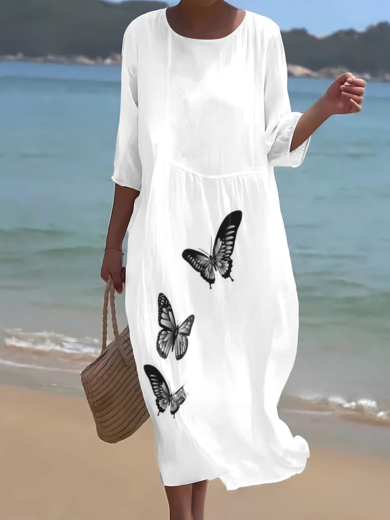 Pearl | White Botanical Print Midi Dress
