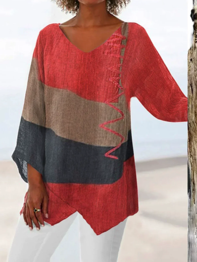 Red Creative Flow V-Neck Top