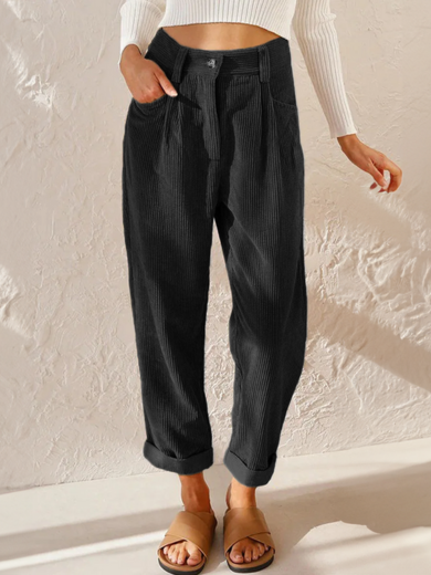 Black Comfortable Corduroy High-Waist Pants