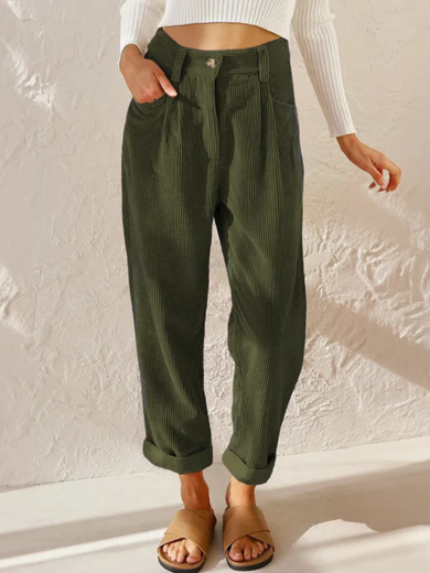 Dark green Comfortable Corduroy High-Waist Pants