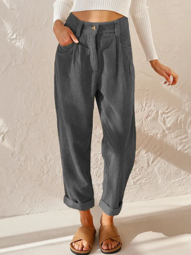 Grey Comfortable Corduroy High-Waist Pants