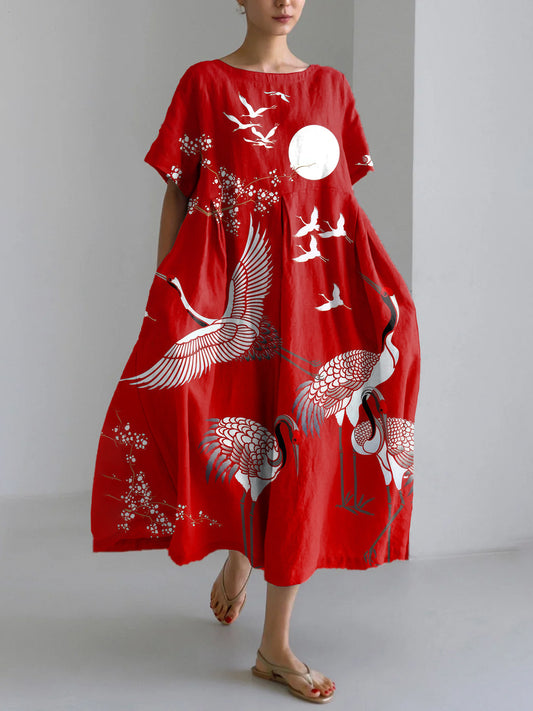 Lara | Vintage Crane Art Print Linen Blend Maxi Dress