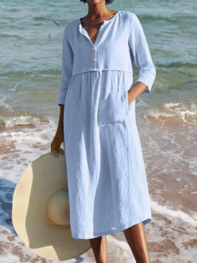 Blue | v-neck cotton-blend dress