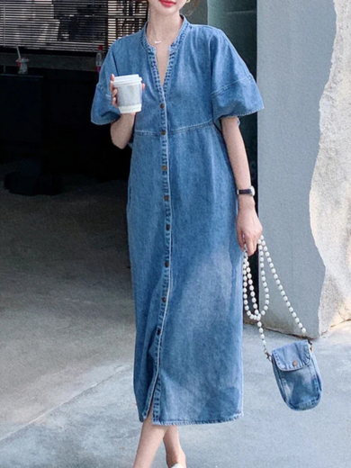 Cotton-Blend Button-Front Midi Dress