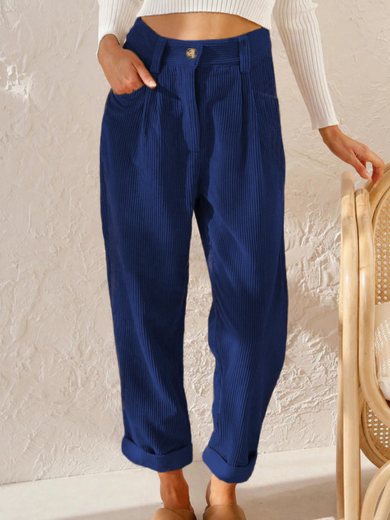 Blue Comfortable Corduroy High-Waist Pants