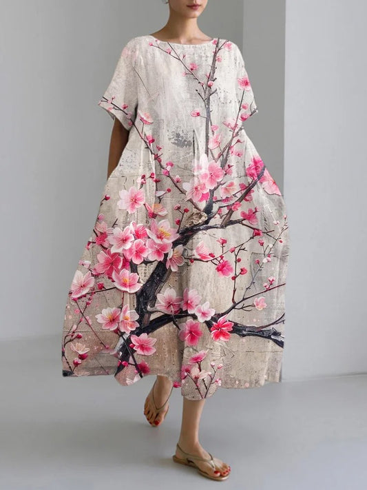 Nia | Cherry Blossom Festival Art Flower Women's Linen Maxi Dress